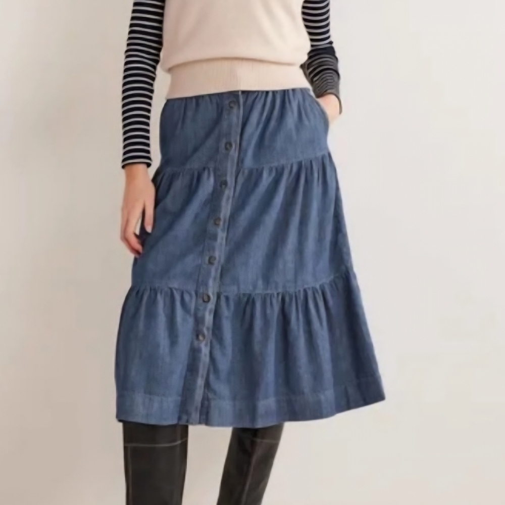 Boden Tiered Denim Button-Down 100% Cotton Denim Midi Skirt - Picture 9 of 9
